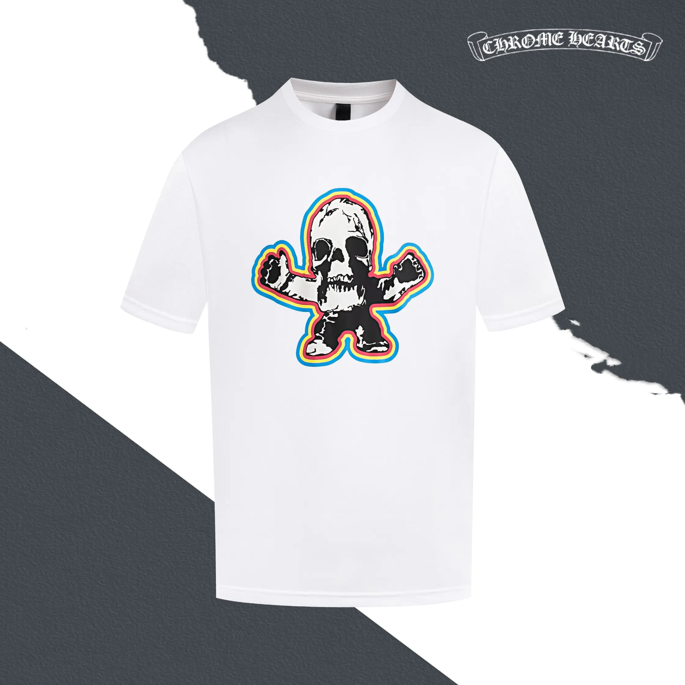 🅿️180 Style No. S027 CH Crow Heart Foti Skull Sanskrit Rainbow Foam Printed Round Neck Short Sleeves Foam Print Full Packaging Three Standards Complete Original Accessories 1:1 Main Marking Process Very High-end It Has Been Preshrunk At High Temperatures It Will Not Deform Easily After Repeated Washing Pure Cotton 280 Grams High Weight 32 Count Double Yarn No Pilling No Fading Comfortable And Breathable Matching The Same Cylinder 1x1 Thread Oversize Loose Version Can wear up to 220 pounds Color: White Black Size: XS-L